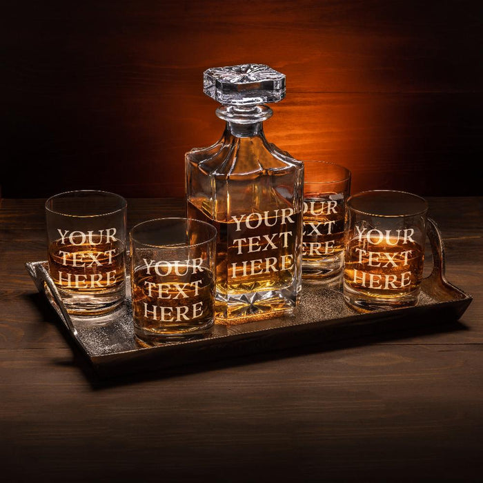 Custom Text Whiskey Decanter & 4 Glasses Set
