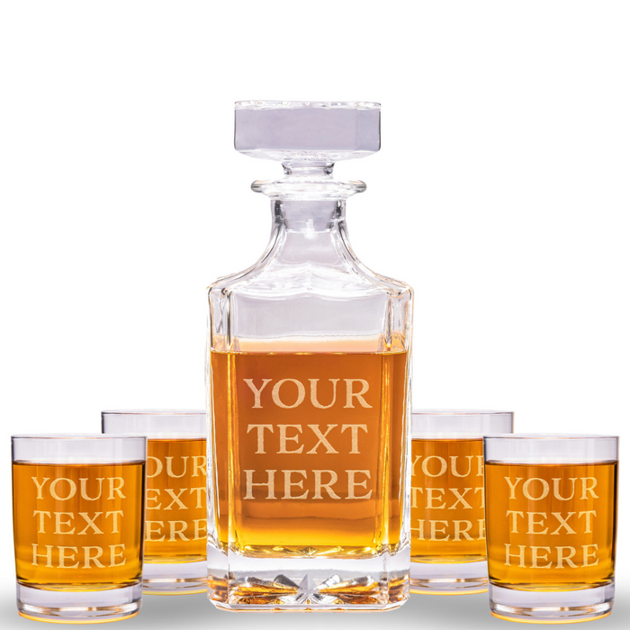 Custom Text Whiskey Decanter & 4 Glasses Set