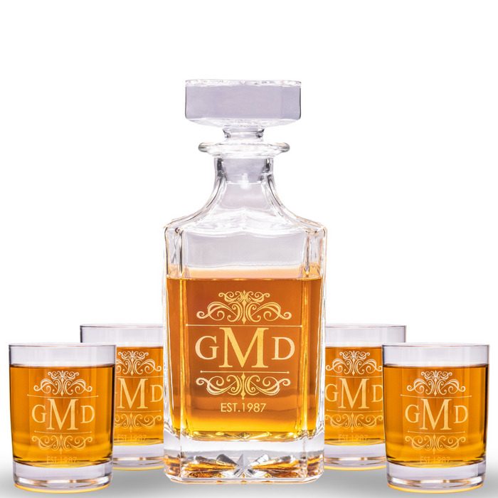 Custom Whiskey Decanter & 4 Glasses Set