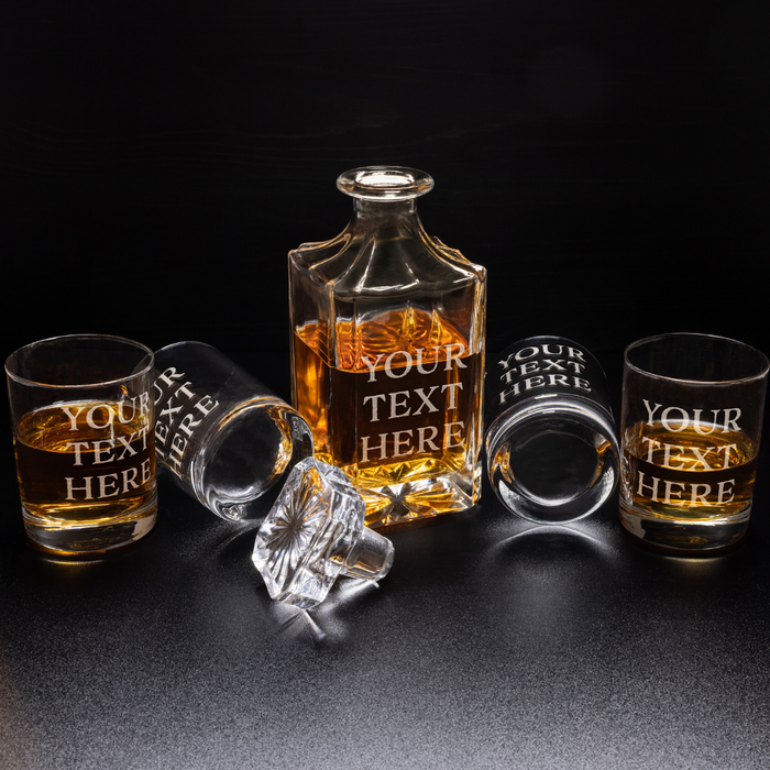 Custom Text Whiskey Decanter & 4 Glasses Set