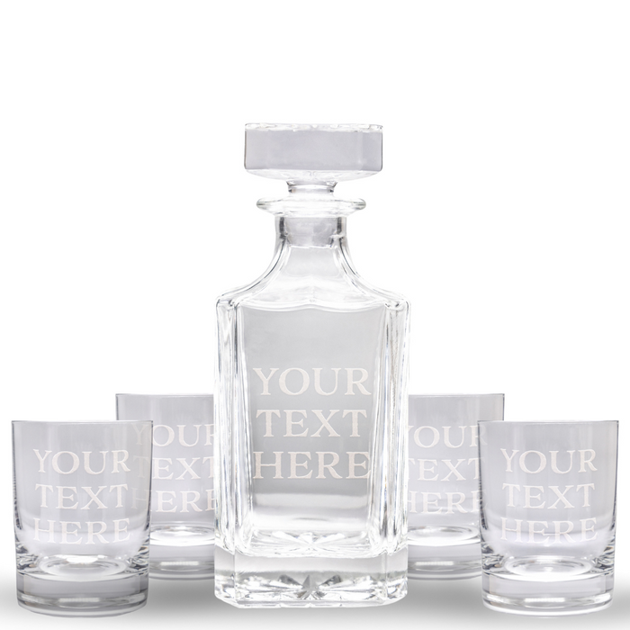 Custom Text Whiskey Decanter & 4 Glasses Set