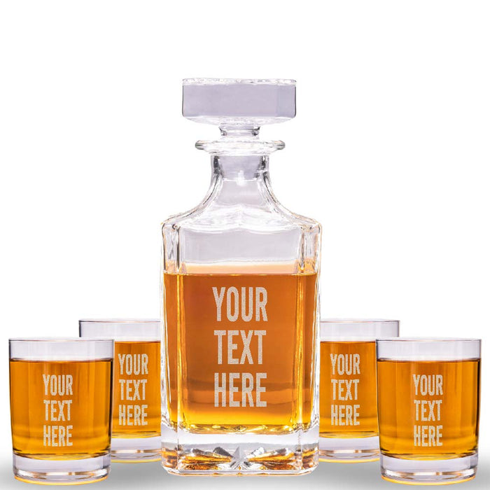 Custom Text Whiskey Decanter & 4 Glasses Set