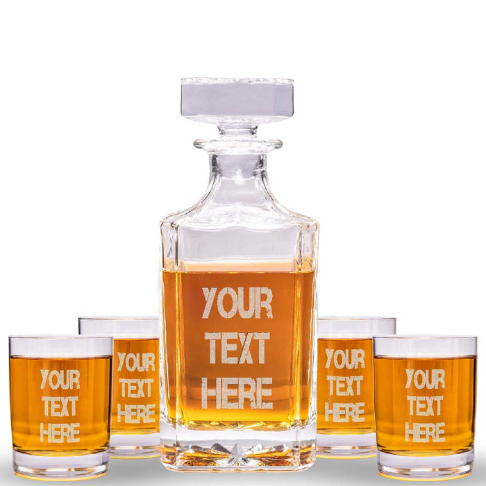 Custom Text Whiskey Decanter & 4 Glasses Set