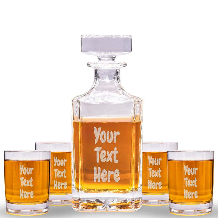 Custom Text Whiskey Decanter & 4 Glasses Set