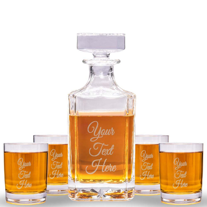Custom Text Whiskey Decanter & 4 Glasses Set