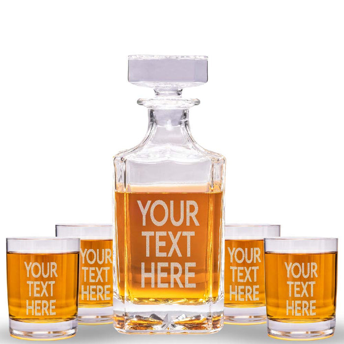 Custom Text Whiskey Decanter & 4 Glasses Set