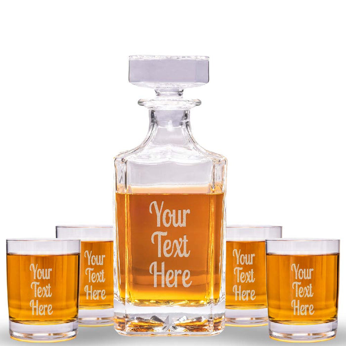 Custom Text Whiskey Decanter & 4 Glasses Set