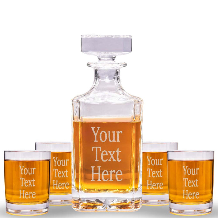 Custom Text Whiskey Decanter & 4 Glasses Set