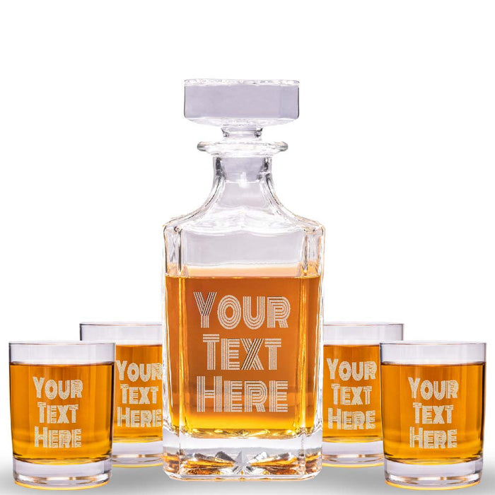 Custom Text Whiskey Decanter & 4 Glasses Set