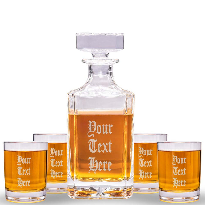 Custom Text Whiskey Decanter & 4 Glasses Set