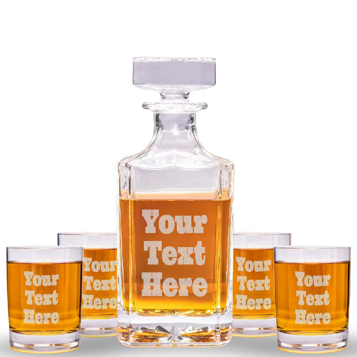 Custom Text Whiskey Decanter & 4 Glasses Set
