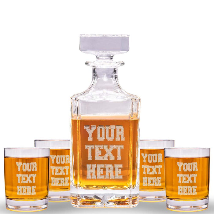 Custom Text Whiskey Decanter & 4 Glasses Set