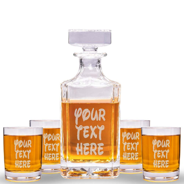 Custom Text Whiskey Decanter & 4 Glasses Set