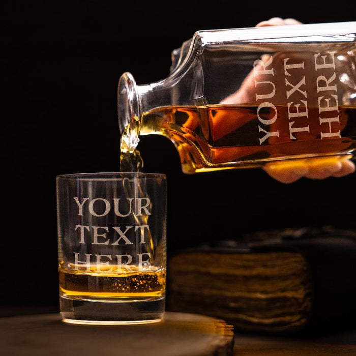 Custom Text Whiskey Decanter & 4 Glasses Set