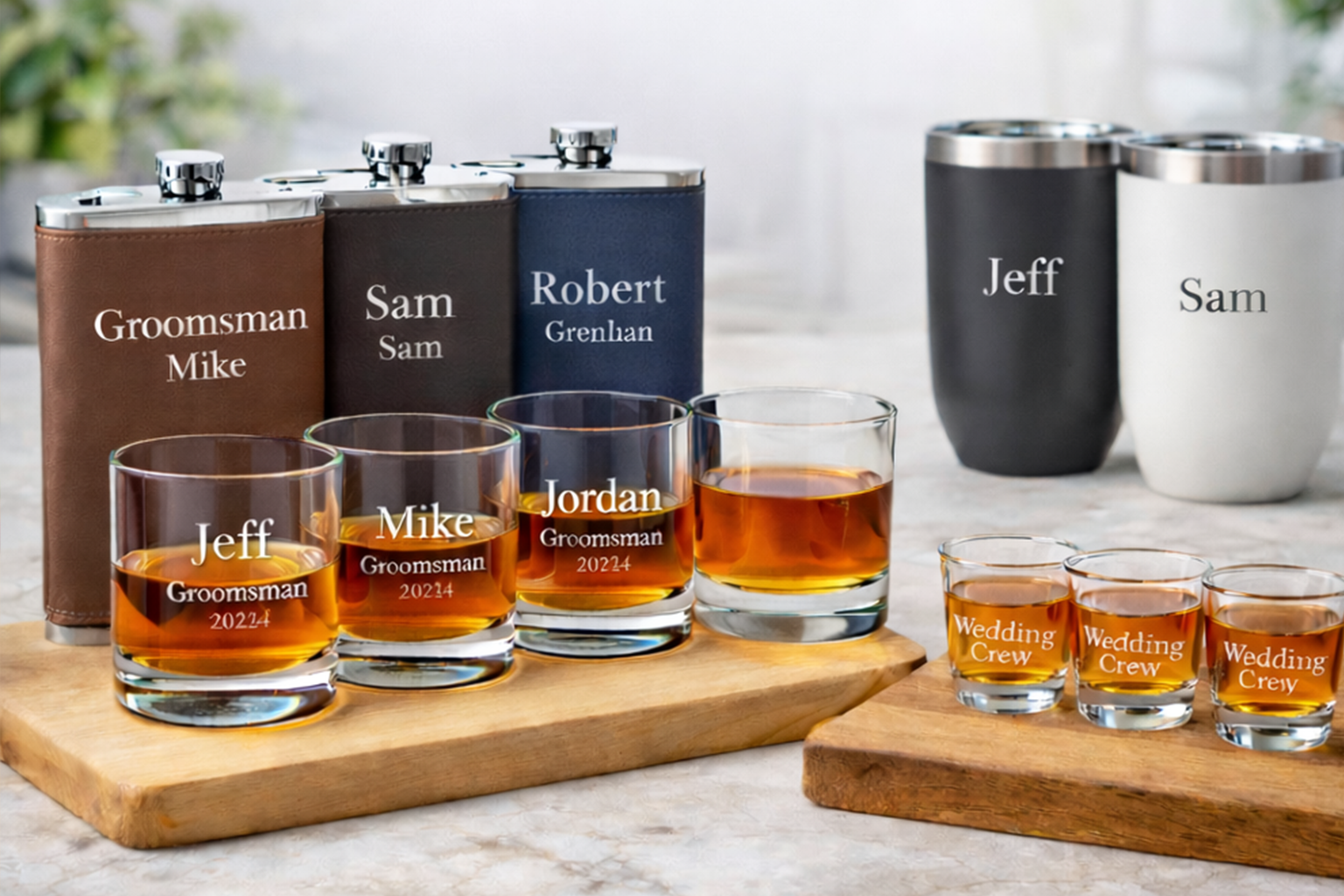 Laser engraved groomsmen gifts including personalized flasks, whiskey glasses, shot glasses, and tumblers arranged on a marble surface