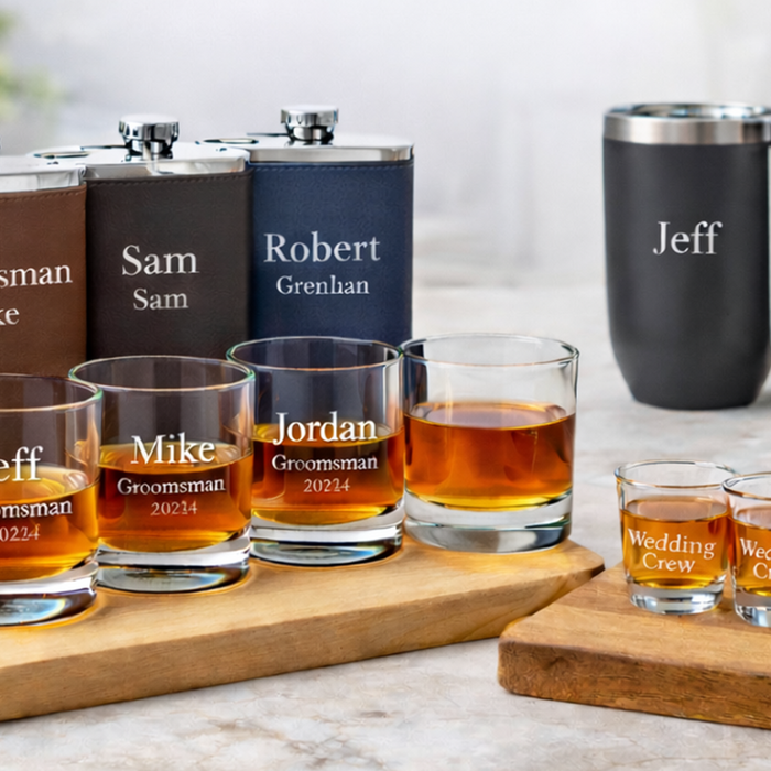 Laser engraved groomsmen gifts including personalized flasks, whiskey glasses, shot glasses, and tumblers arranged on a marble surface
