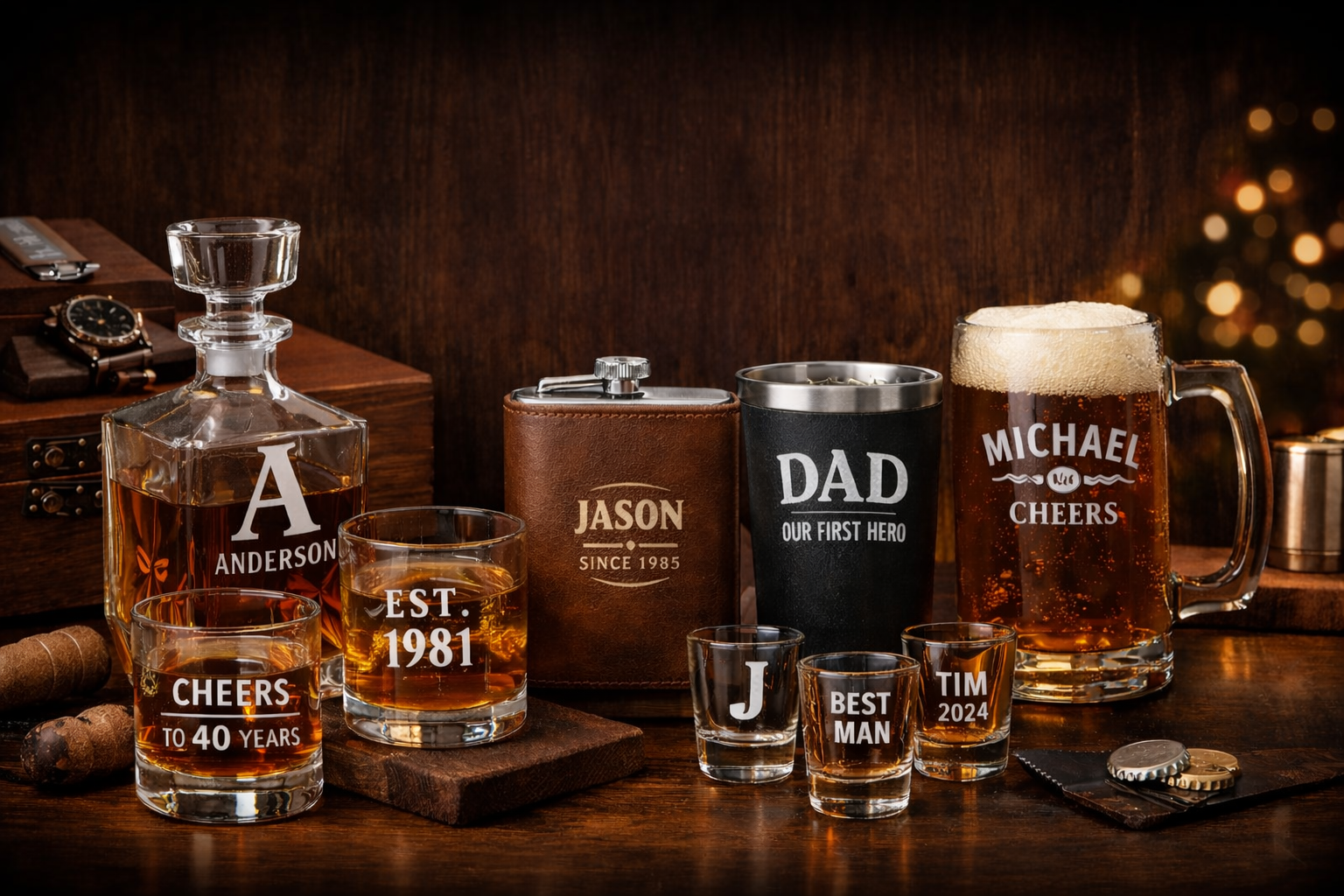 Personalized engraved gifts including whiskey decanter, glasses, flask, tumbler, beer mug, and shot glasses displayed as gift ideas for men
