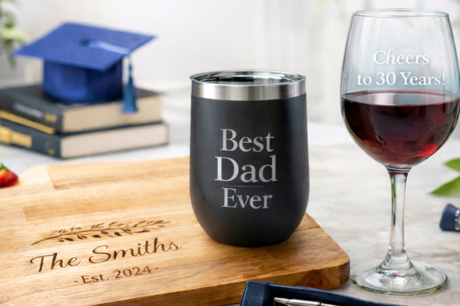 Personalized drinkware and cutting board displayed on a light marble surface, featuring a tumbler, wine glass with frosted engraving, and engraved bamboo cutting board