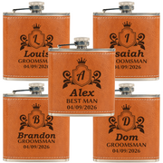 Set of five personalized leather flasks with names and dates engraved on them.