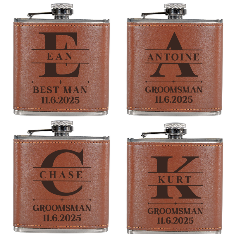 Four brown leather flasks with engraved names and dates on a white background