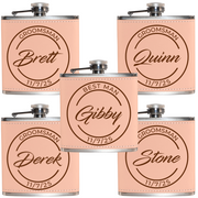 Set of personalized flasks with names and dates engraved on pink leather covers.