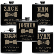 Set of personalized flasks with names and roles for a wedding party on a white background