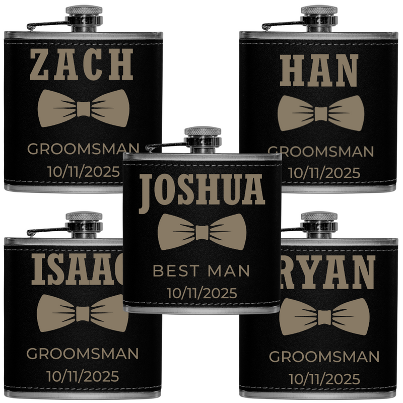 Set of personalized flasks with names and roles for a wedding party on a white background
