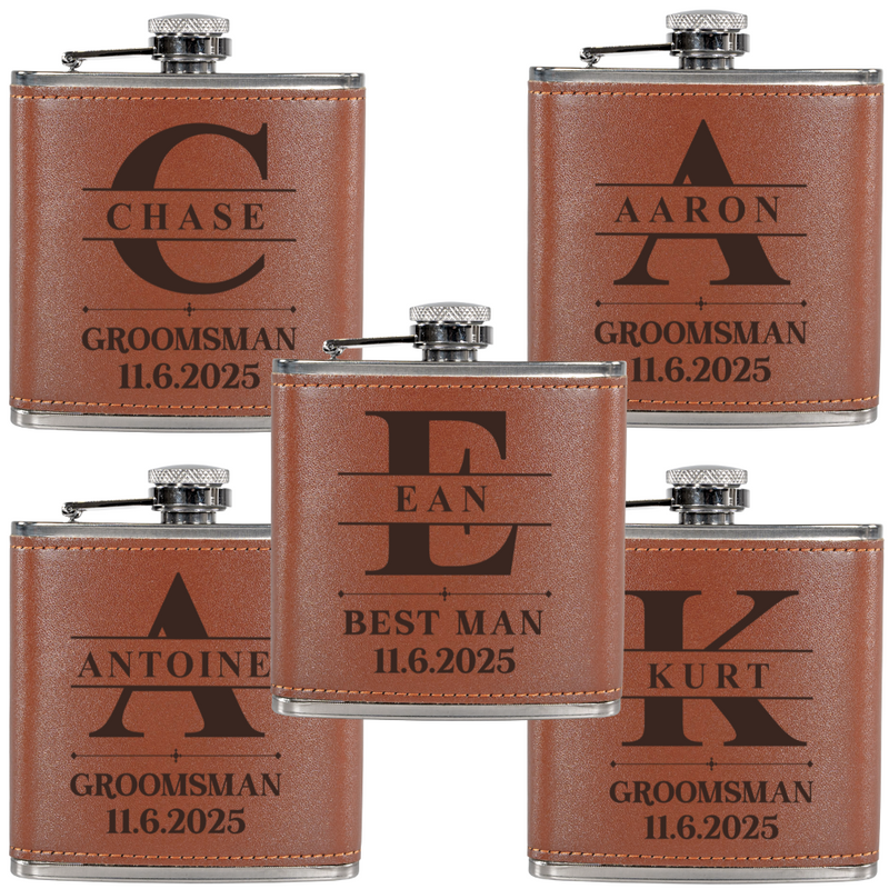 Set of four personalized leather flasks with names and dates engraved on them.