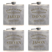 Four gray flasks with personalized names and dates on a white background