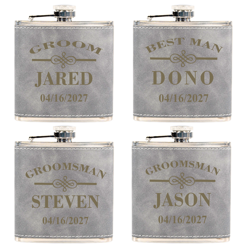 Four gray flasks with personalized names and dates on a white background