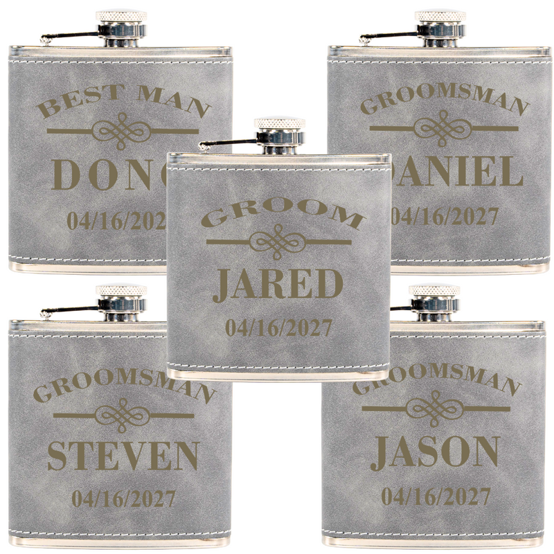 Set of personalized flasks for groomsmen with names and dates engraved.