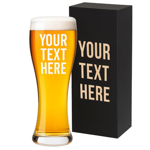 Personalizable beer glass with text placeholder and matching black box on a white background