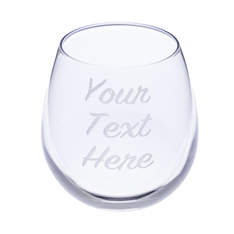 Clear glass wine glass with 'Your Text Here' engraving on a white background