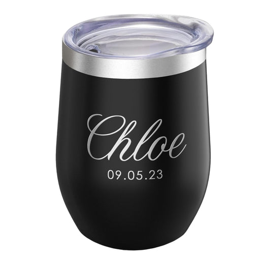 Black insulated tumbler with 'Chloe' and a date engraved on it, against a white background.