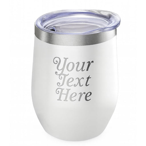 White insulated tumbler with 'Your Text Here' engraving on a white background