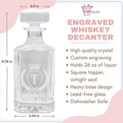 Engraved whiskey decanter with dimensions and features listed on a pink and white background