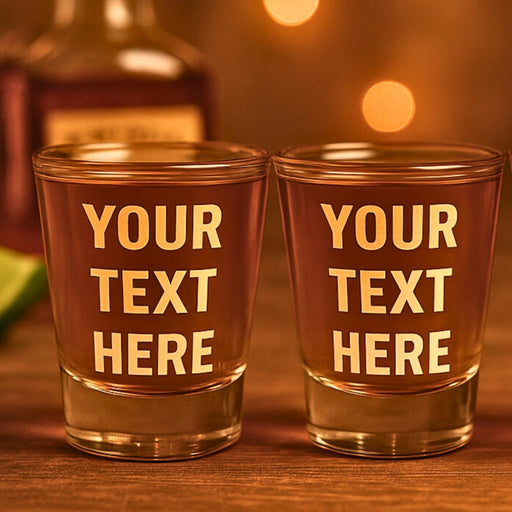 Two shot glasses with 'Your Text Here' text on a wooden surface.