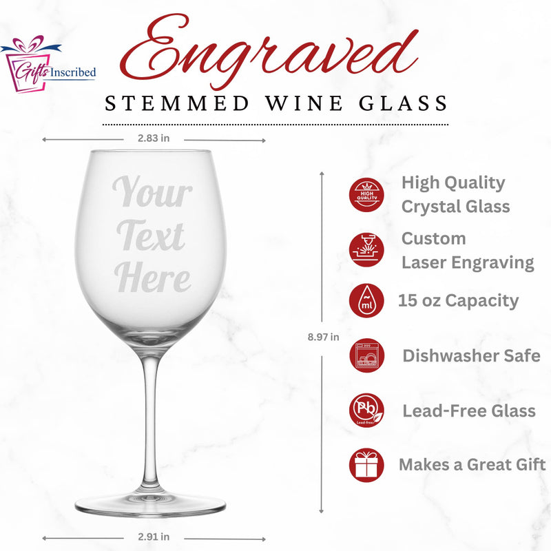 Engraved stemmed wine glass with text placeholder and product features on a white background