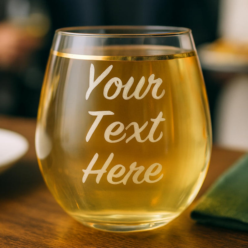 Personalized wine glass with 'Your Text Here' text on a wooden table.