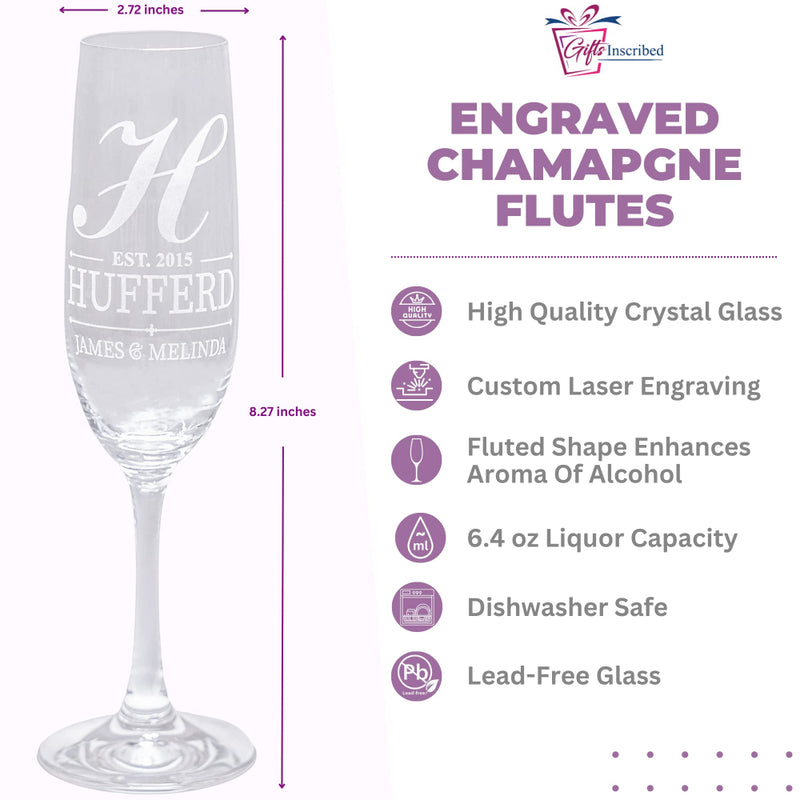 Engraved champagne flute with customization details on a white background