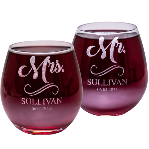 Two personalized wine glasses with 'Mr.' and 'Mrs.' inscriptions on a white background.