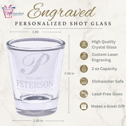 Engraved personalized shot glass with measurements and features listed on a white background.