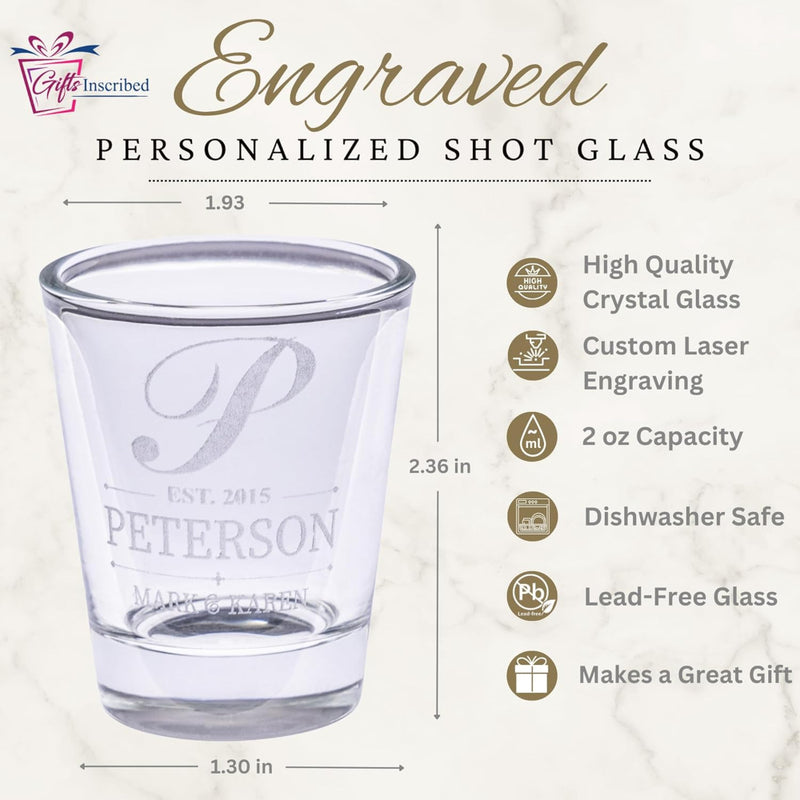 Engraved personalized shot glass with measurements and features listed on a white background.