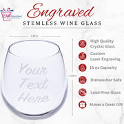 Engraved stemless wine glass with text 'Your Text Here' on a white background, featuring product details.