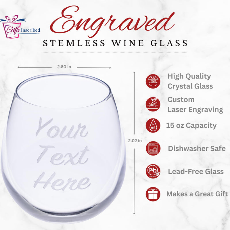 Engraved stemless wine glass with text 'Your Text Here' on a white background, featuring product details.