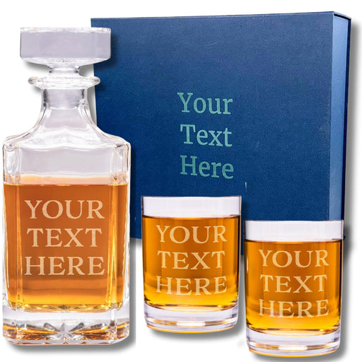 Personalized whiskey decanter and glasses with 'Your Text Here' text on a white background