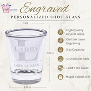 Engraved personalized shot glass with dimensions and features listed on a white background
