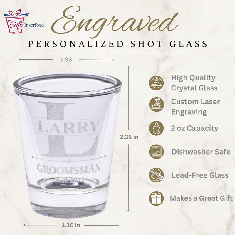 Engraved personalized shot glass with dimensions and features listed on a white background
