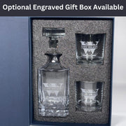Glass decanter and two glasses with engraved text in a box, labeled 'Optional Engraved Gift Box Available'.