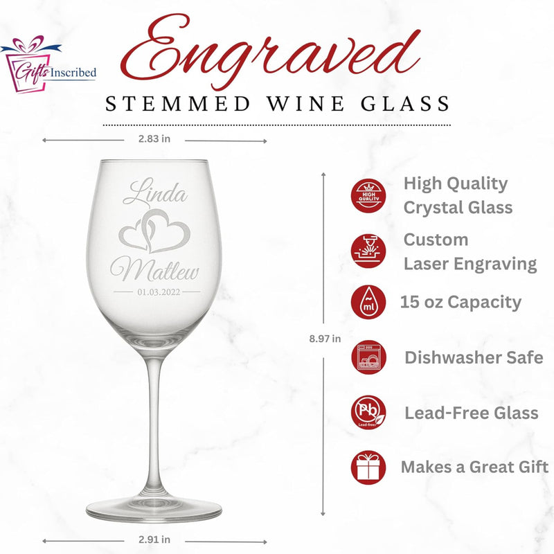 Engraved stemmed wine glass with product details on a white background